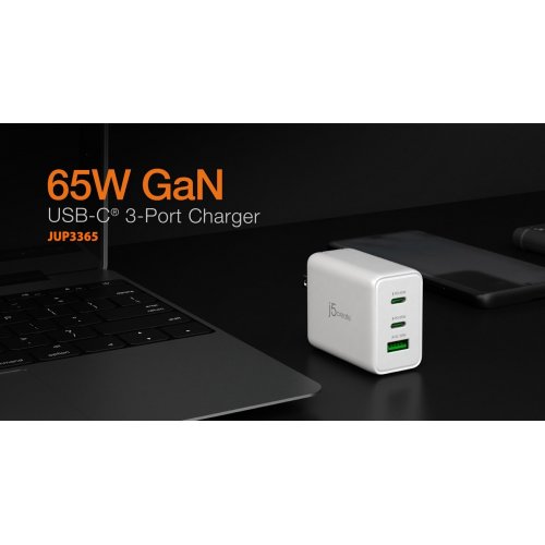 Сетевое зарядное устройство J5create JUP3365E GaN USB + 2 x USB Type-C 65W (JUP3365E-EN) White купить в Украине | Telemart фото