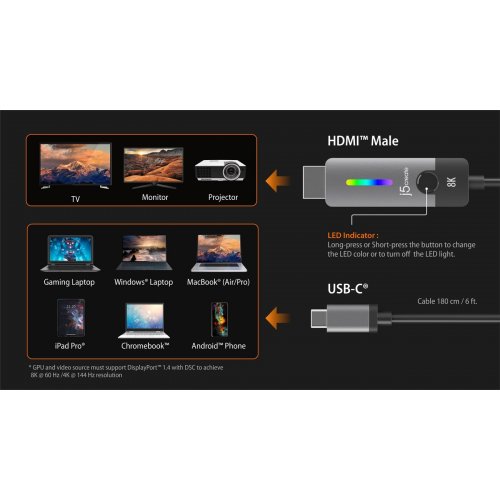Кабель J5create JCC157 USB Type-C to HDMI v2.1 8K 1.8m (JCC157-N) Space Gray купити в Україні | Telemart фото