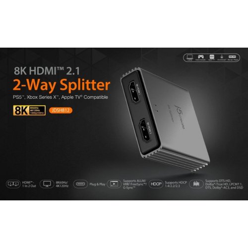 Разветвитель-сплиттер J5create JDSH812 HDMI to 2 x HDMI v2.1 8K (JDSH812-N) Space Gray купить в Украине | Telemart фото