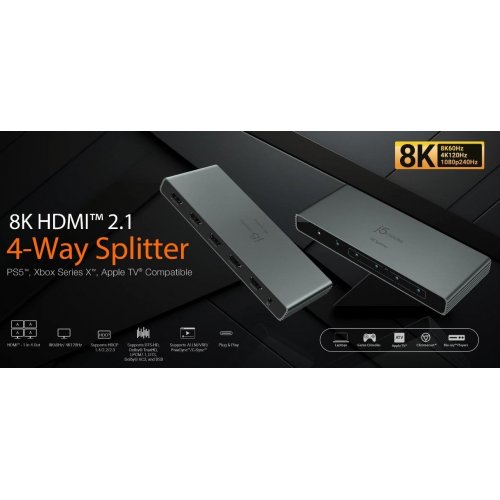 Разветвитель-сплиттер J5create JDSH814 HDMI to 4 x HDMI v2.1 8K (JDSH814-N) Gray купить в Украине | Telemart фото