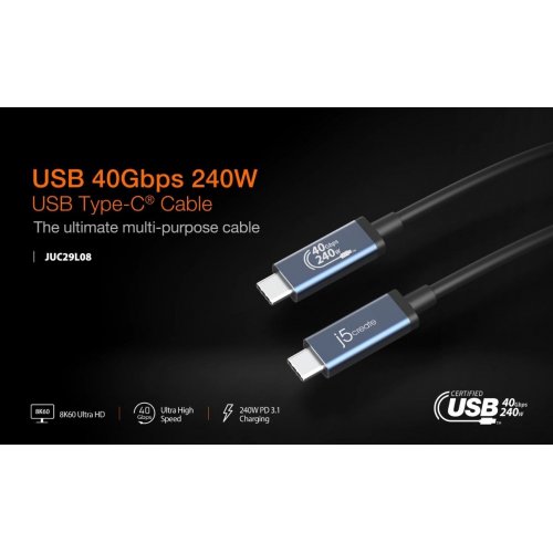 Кабель J5create JUC29L08 USB Type-C to USB Type-C 8K 0.8m (JUC29L08-N) Black купити в Україні | Telemart фото