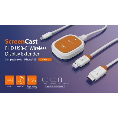 Бездротовий подовжувач J5create JVAW61 ScreenCast USB Type-C to HDMI Full HD up to 15m (JVAW61-N) White/Orange купити в Україні | Telemart фото