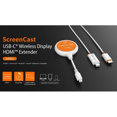Бездротовий подовжувач J5create JVAW62 ScreenCast USB Type-C to HDMI Full HD up to 15m (JVAW62-N) White/Orange купити в Україні | Telemart фото