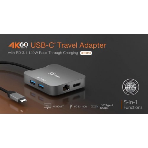 USB-хаб J5create JCD3191 USB Type-C 5 in 1 (JCD3191-N) Grey купити в Україні | Telemart фото