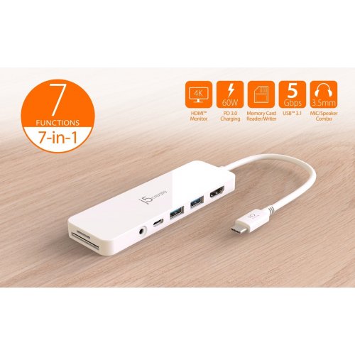 USB-хаб J5create JCD373 USB Type-C 6 in 1 (JCD373-N) White купити в Україні | Telemart фото