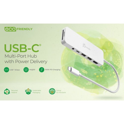 USB-хаб J5create JCD373E USB Type-C 6 in 1 (JCD373EW-N) White купити в Україні | Telemart фото