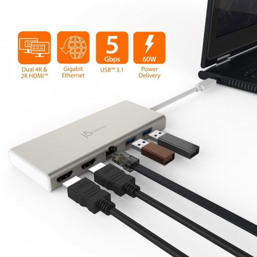 Док-станція J5create JCD381 Docking Station USB Type-C 6 in 1 (JCD381-N) Champagne Metallic купити в Україні | Telemart фото