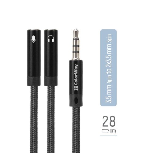 Розгалужувач ColorWay 3.5mm AM to 2 x 3.5mm AF 0.28m (CW-AD-J2FJ) Black купити в Україні | Telemart фото