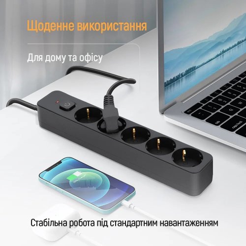 Мережевий фільтр ColorWay 2 м 5 розеток (CW-PSEA1052BK) Black купити в Україні | Telemart фото