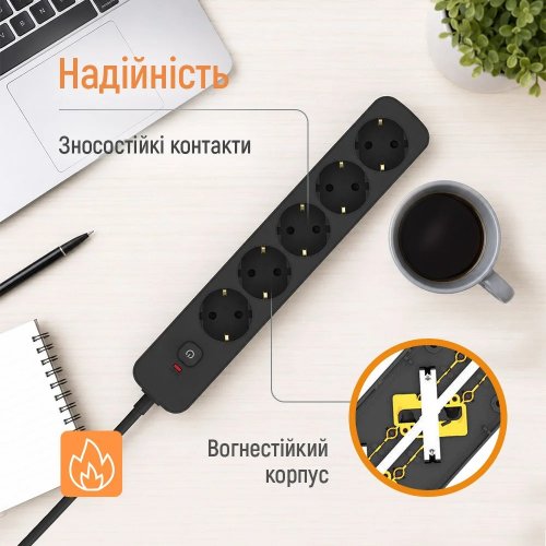 Мережевий фільтр ColorWay 3 м 5 розеток (CW-PSEA1053BK) Black купити в Україні | Telemart фото