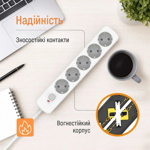 Мережевий фільтр ColorWay 5 м 5 розеток (CW-PSEA1655W) White купити в Україні | Telemart фото