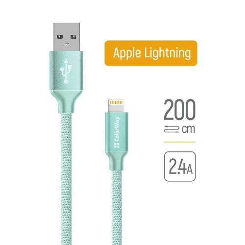 Кабель ColorWay USB to Lightning 2.4A 2m (CW-CBUL007-MT) Mint купить в Украине | Telemart фото