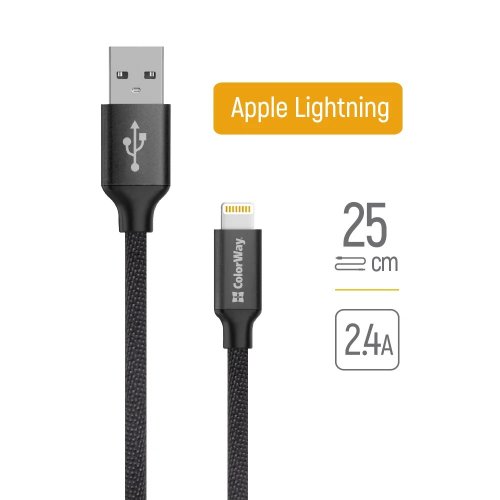Кабель ColorWay USB to Lightning 2.4A 0.25m (CW-CBUL048-BK) Black купити в Україні | Telemart фото
