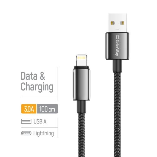Кабель ColorWay USB to Lightning 3A 1m (CW-CBUL098-BK) Black купити в Україні | Telemart фото