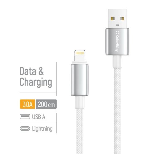 Кабель ColorWay USB to Lightning 3A 2m (CW-CBUL099-WT) White купити в Україні | Telemart фото