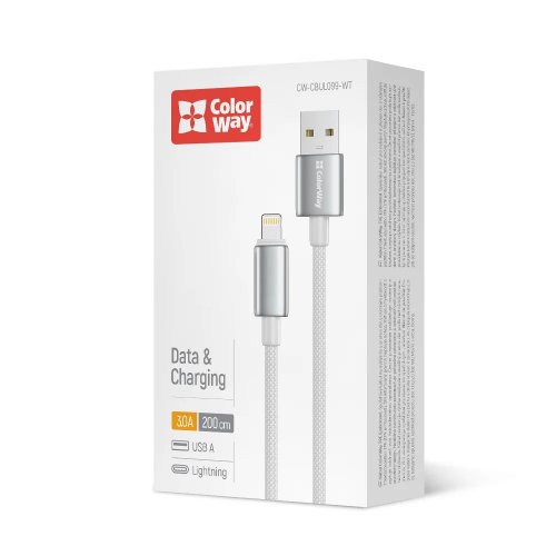 Кабель ColorWay USB to Lightning 3A 2m (CW-CBUL099-WT) White купити в Україні | Telemart фото