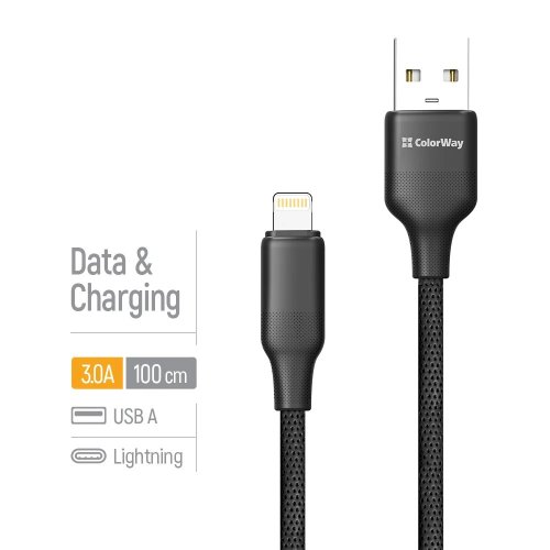 Кабель ColorWay USB to Lightning 3A 1m (CW-CBUL101-BK) Black купити в Україні | Telemart фото
