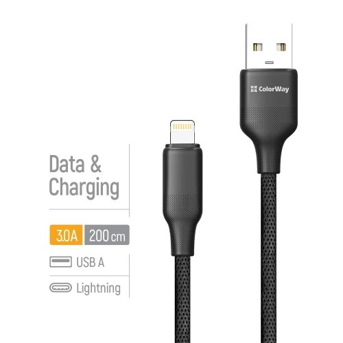 Кабель ColorWay USB to Lightning 3A 2m (CW-CBUL102-BK) Black купити в Україні | Telemart фото