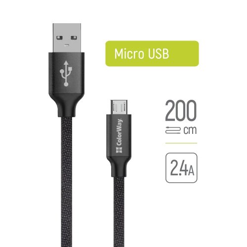 Кабель ColorWay USB to microUSB 2.4A 2m (CW-CBUM009-BK) Black купити в Україні | Telemart фото