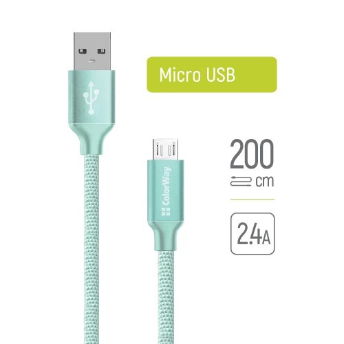 Кабель ColorWay USB to microUSB 2.4A 2m (CW-CBUM009-MT) Mint купити в Україні | Telemart фото