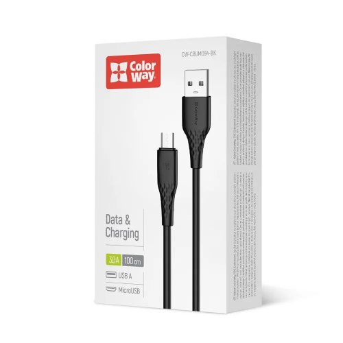 Кабель ColorWay USB to microUSB 3A 1m (CW-CBUM094-BK) Black купити в Україні | Telemart фото