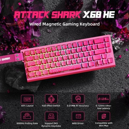Уценка клавиатура Attack Shark X68 RGB HE Magnetic Linear Switches (AS-6972792471051-P) Pink Contours (Вскрытая упаковка, 910850) купить в Украине | Telemart фото