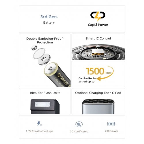 Акумуляторні батарейки ORICO АА Rechargeable Lithium Battery 2300 mWh 8 шт. (ORICO-EG5-UN-8PK-EV8-EP) купити в Україні | Telemart фото