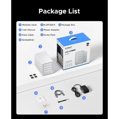 Внешний бокс для SSD ORICO 8848U4 4-Bay M.2 NVMe SSD Enclosure USB Type-C (ORICO-8848U4-EU-SV-BP) Silver купить в Украине | Telemart фото