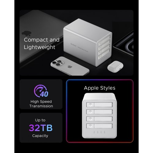 Внешний бокс для SSD ORICO 8848U4 4-Bay M.2 NVMe SSD Enclosure USB Type-C (ORICO-8848U4-EU-SV-BP) Silver купить в Украине | Telemart фото