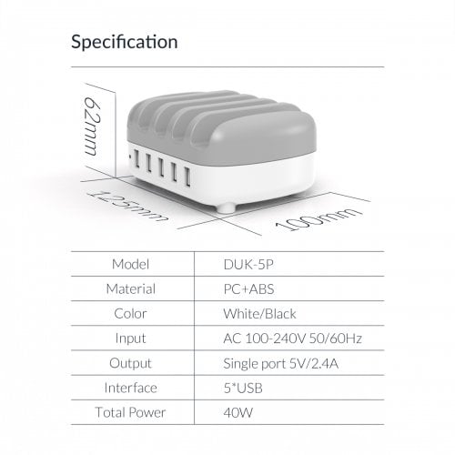Мережевий зарядний пристрій ORICO DUK-5P Smart Charging Station 5 x USB 40W (ORICO-DUK-5P-UN-WH-BP) White купити в Україні | Telemart фото