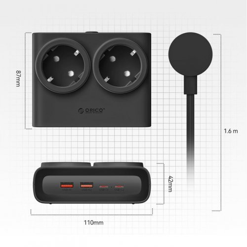 Сетевой фильтр ORICO PDC25-2A2U2C 1.6m 2 розетки + 2 x USB + 2 x USB Type-C (ORICO-PDC25-2A2U2C-EU-BK-EP) Black купить в Украине | Telemart фото