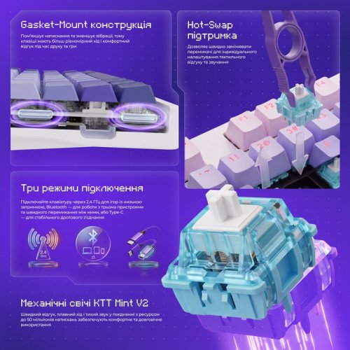 Клавиатура Proove Gaming Rampage RGB KTT Mint V2 Wireless (WKRM00022419) White/Purple купить в Украине | Telemart фото
