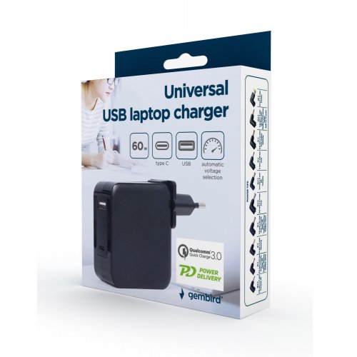 Зарядное устройство для ноутбука Gembird USB + USB Type-C 60W (NPA-PD60-01) Black купить в Украине | Telemart фото