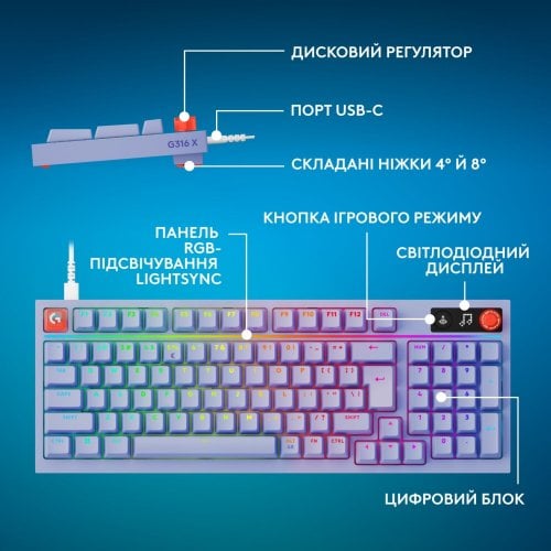 Клавіатура Logitech G316 X 98 RGB Mechanical Tactile (920-014257) Lilac купити в Україні | Telemart фото