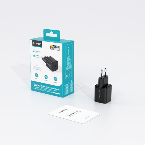 Мережевий зарядний пристрій Choetech GaN USB + USB Type-C 30W (PD5012-EU-BK) Black купити в Україні | Telemart фото