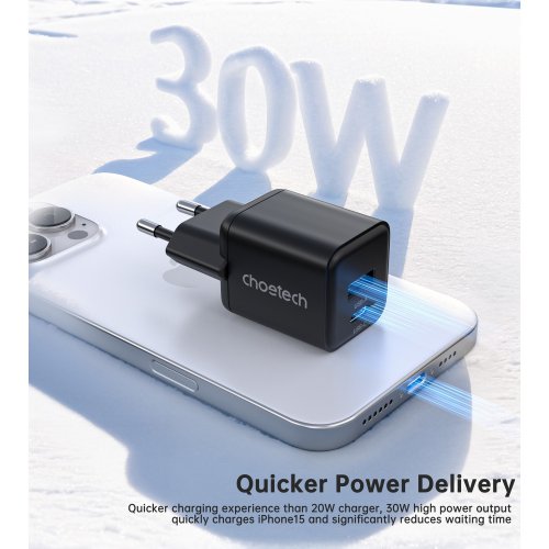 Мережевий зарядний пристрій Choetech GaN USB + USB Type-C 30W (PD5012-EU-BK) Black купити в Україні | Telemart фото
