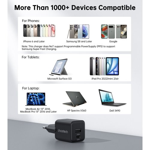 Мережевий зарядний пристрій Choetech GaN USB + USB Type-C 30W (PD5012-EU-BK) Black купити в Україні | Telemart фото