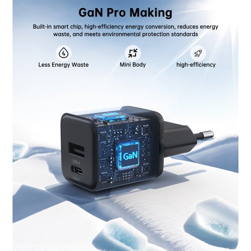 Мережевий зарядний пристрій Choetech GaN USB + USB Type-C 30W (PD5012-EU-BK) Black купити в Україні | Telemart фото