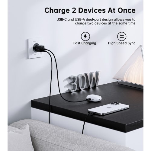 Мережевий зарядний пристрій Choetech GaN USB + USB Type-C 30W (PD5012-EU-BK) Black купити в Україні | Telemart фото