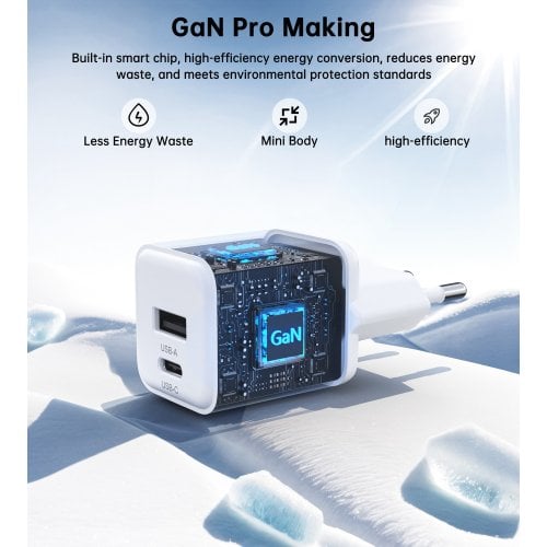 Мережевий зарядний пристрій Choetech GaN USB + USB Type-C 30W (PD5012-EU-WH) White купити в Україні | Telemart фото