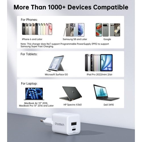 Мережевий зарядний пристрій Choetech GaN USB + USB Type-C 30W (PD5012-EU-WH) White купити в Україні | Telemart фото