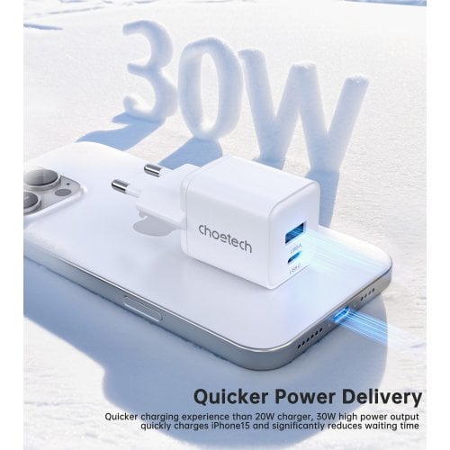 Мережевий зарядний пристрій Choetech GaN USB + USB Type-C 30W (PD5012-EU-WH) White купити в Україні | Telemart фото