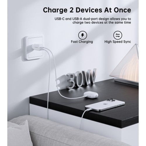 Мережевий зарядний пристрій Choetech GaN USB + USB Type-C 30W (PD5012-EU-WH) White купити в Україні | Telemart фото