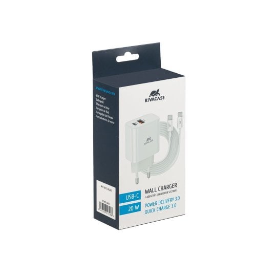 Мережевий зарядний пристрій Rivacase USB + USB Type-C 20W + Cable USB Type-C to USB Type-C (PS4102 WD4) White купити в Україні | Telemart фото