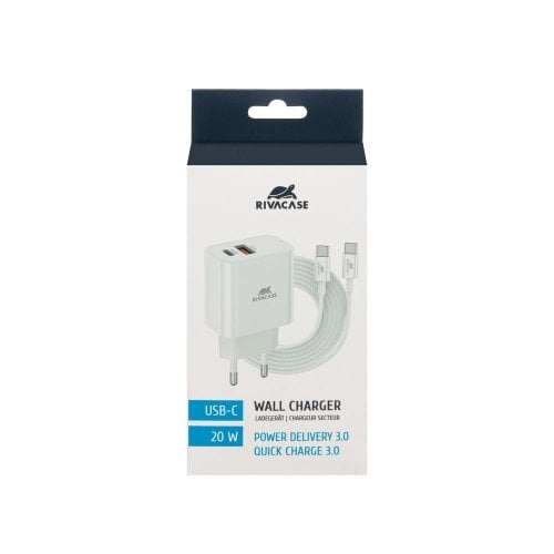 Мережевий зарядний пристрій Rivacase USB + USB Type-C 20W + Cable USB Type-C to USB Type-C (PS4102 WD4) White купити в Україні | Telemart фото