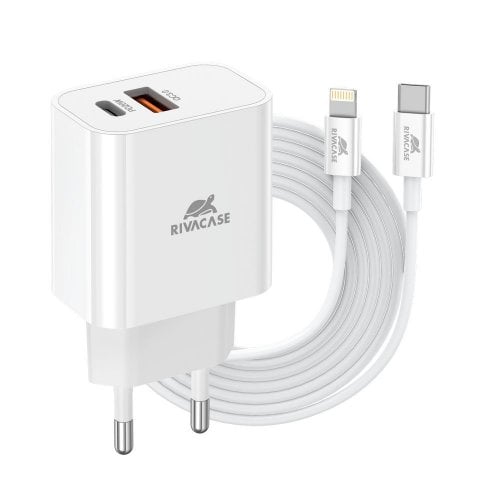 Мережевий зарядний пристрій Rivacase USB + USB Type-C 20W + Cable USB Type-C to Lightning (PS4102 WD5) White купити в Україні | Telemart фото
