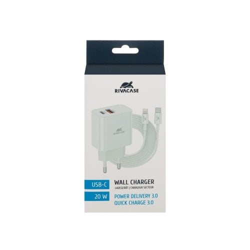 Мережевий зарядний пристрій Rivacase USB + USB Type-C 20W + Cable USB Type-C to Lightning (PS4102 WD5) White купити в Україні | Telemart фото