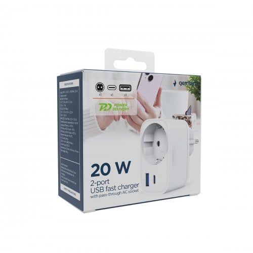 Мережевий зарядний пристрій Gembird USB + USB Type-C 20W (TA-ACPDQC20-01-W) White купити в Україні | Telemart фото