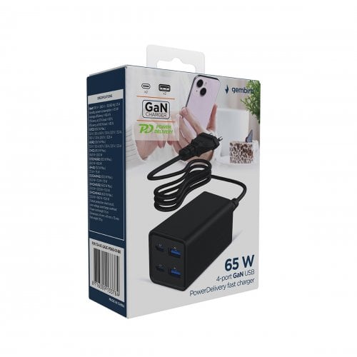 Сетевое зарядное устройство Gembird GaN 2 x USB + 2 x USB Type-C 65W (TA-UC-2A2C-PD65-01-BK) Black купить в Украине | Telemart фото