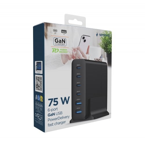 Сетевое зарядное устройство Gembird GaN 2 x USB + 4 x USB Type-C 75W (TA-UC-2A4C-PD75-01-BK) Black купить в Украине | Telemart фото